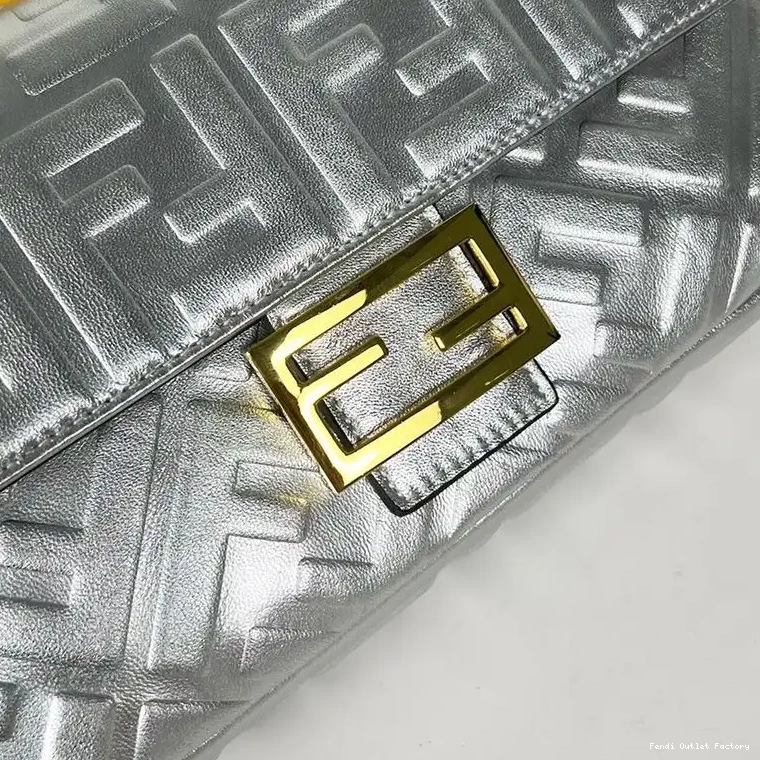Affordable HOT Leather Silver Medium Baguette FF Fendi Motif In Nappa Bag 0418